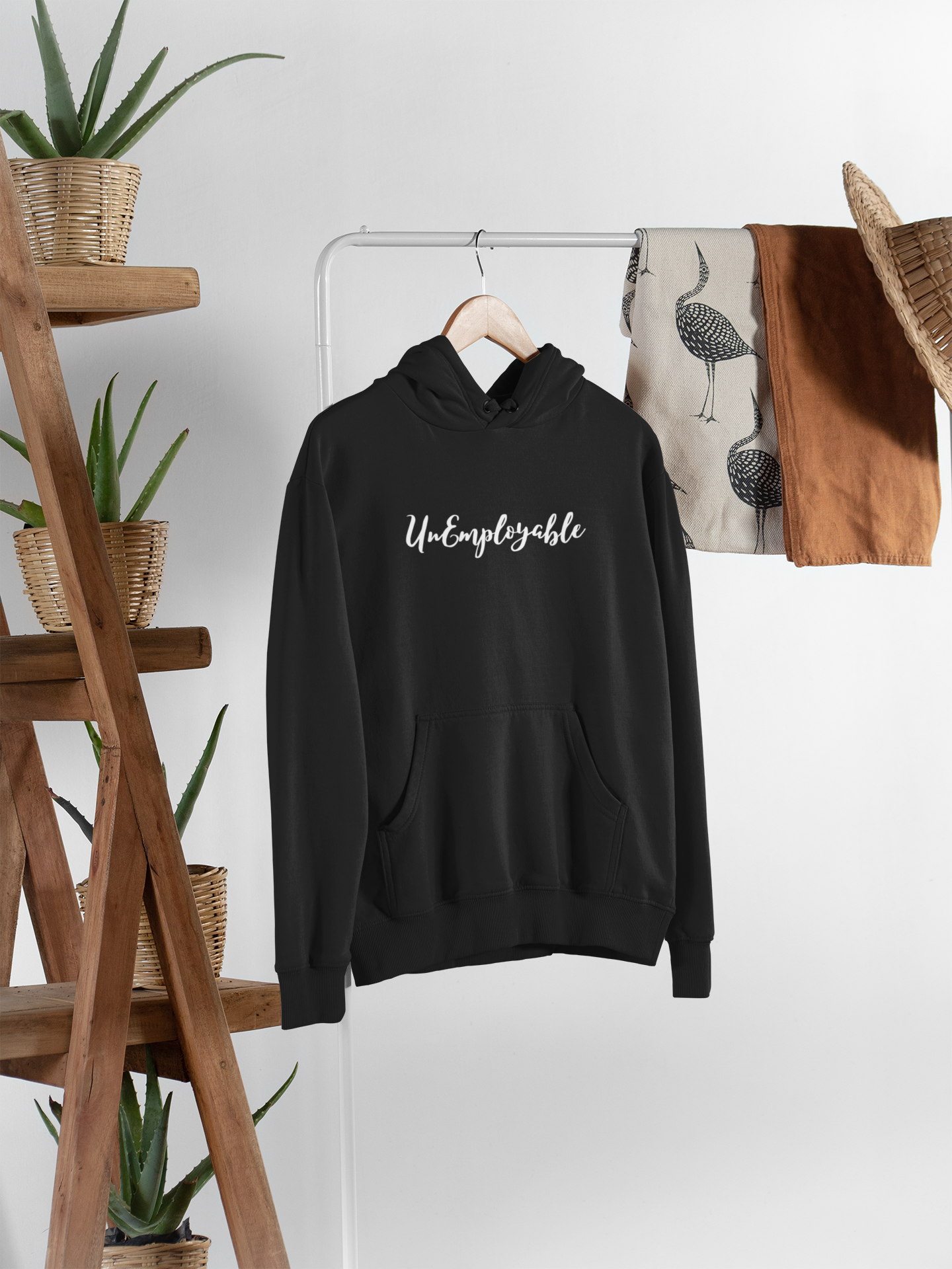 UNEMPLOYABLE – Unisex Lightweight Hooded Sweatshirt (Black w/ White Letters)