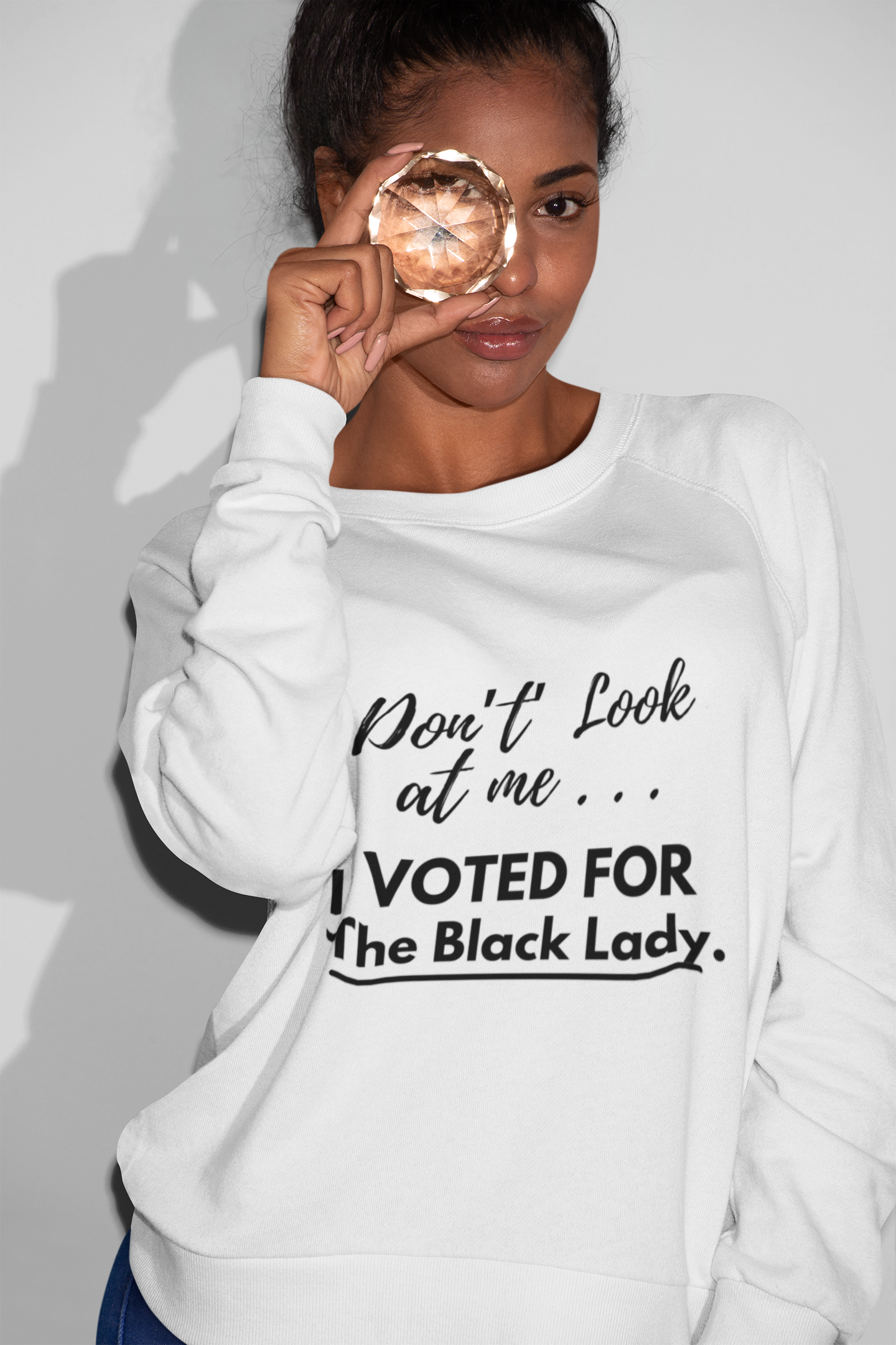 “DON’T LOOK AT ME… I VOTED FOR THE BLACK LADY” SWEATSHIRT  - Unisex Midweight Softstyle Fleece Crewneck Sweatshirt - White, Grey, Military Green w/Black Letters