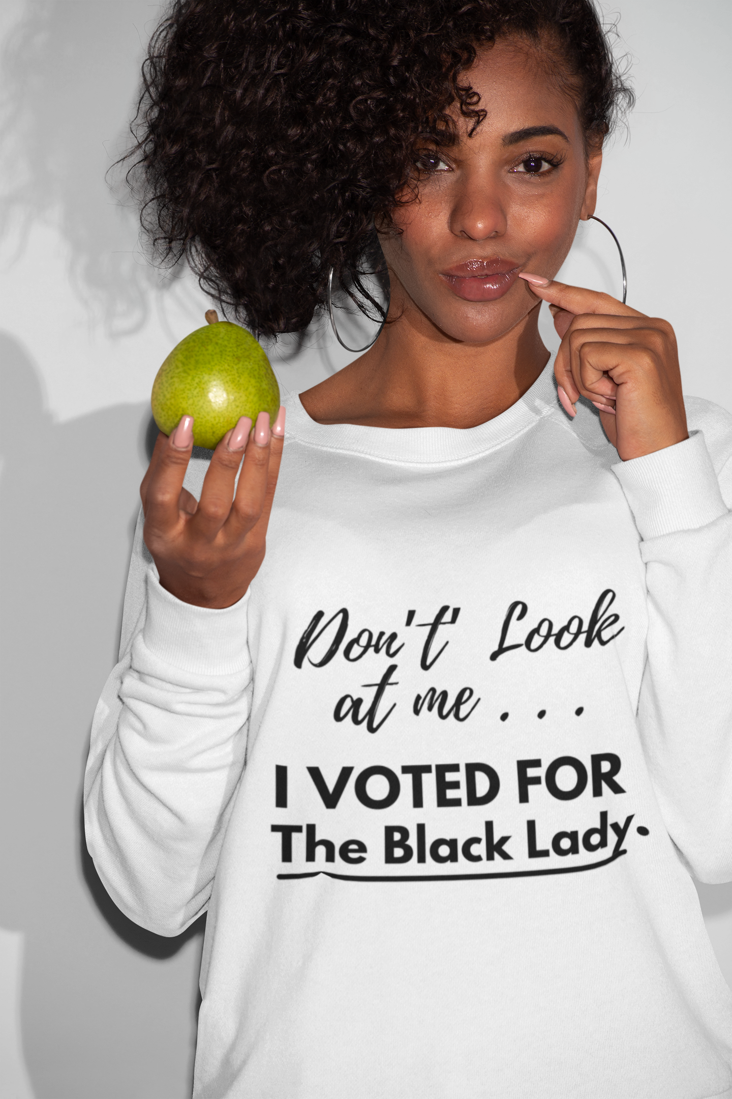“DON’T LOOK AT ME… I VOTED FOR THE BLACK LADY” SWEATSHIRT  - Unisex Midweight Softstyle Fleece Crewneck Sweatshirt - White, Grey, Military Green w/Black Letters