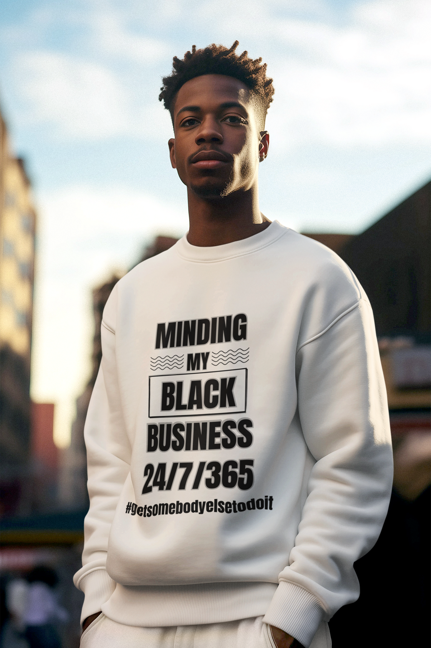 Minding My Black Business 24/7/365 Sweatshirt  - Unisex Midweight Softstyle Fleece Crewneck Sweatshirt - White, Grey, Military Green w/Black Letters