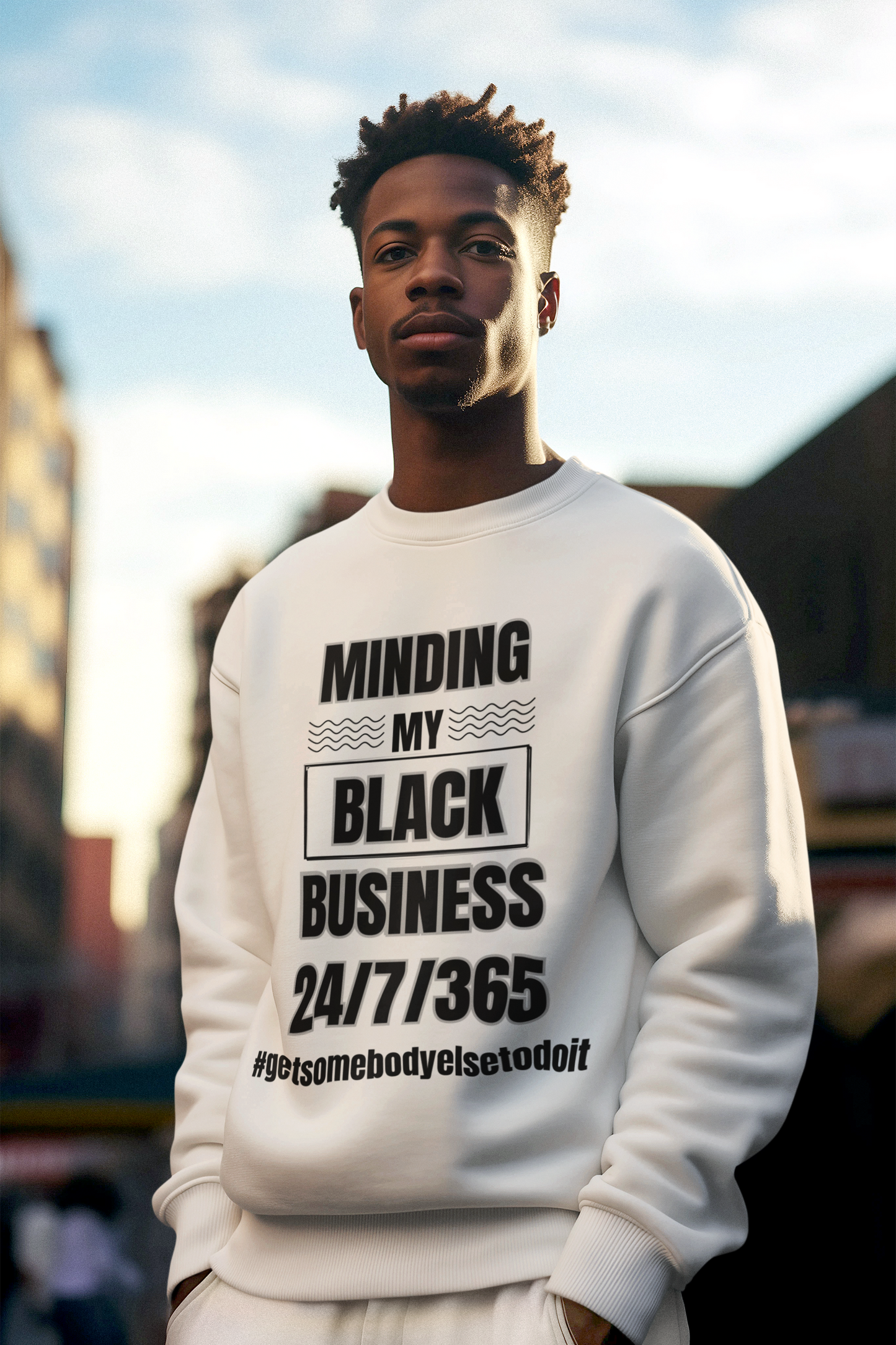 Minding My Black Business 24/7/365 Sweatshirt  - Unisex Midweight Softstyle Fleece Crewneck Sweatshirt - White, Grey, Military Green w/Black Letters