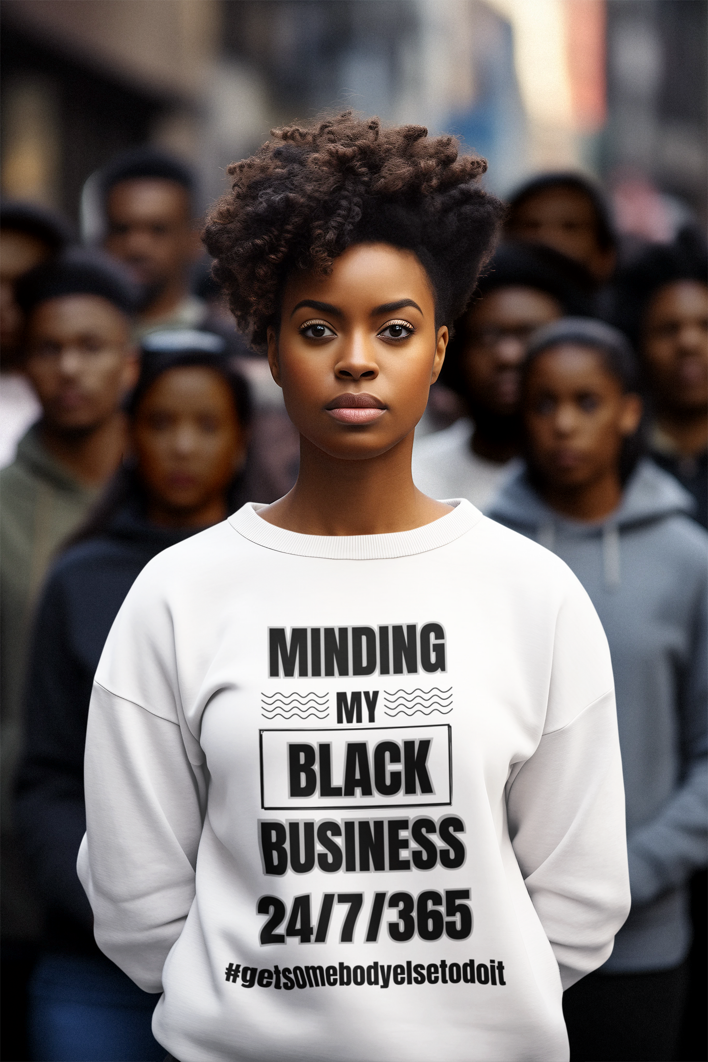 Minding My Black Business 24/7/365 Sweatshirt  - Unisex Midweight Softstyle Fleece Crewneck Sweatshirt - White, Grey, Military Green w/Black Letters