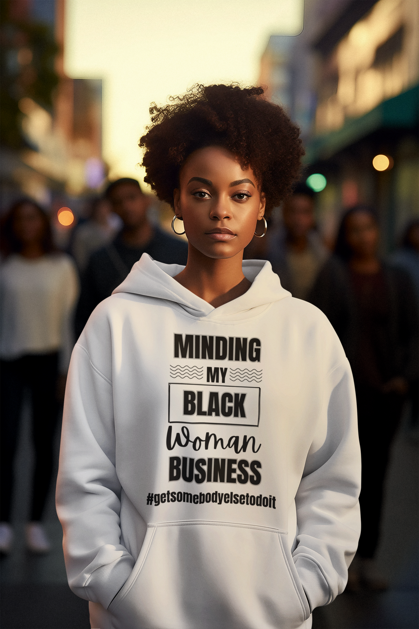 Minding My Black Woman Business #getsomebodyelsetodoit" - Unisex Lightweight Hooded Sweatshirt - White, Grey, Blue Jean, Black Letters